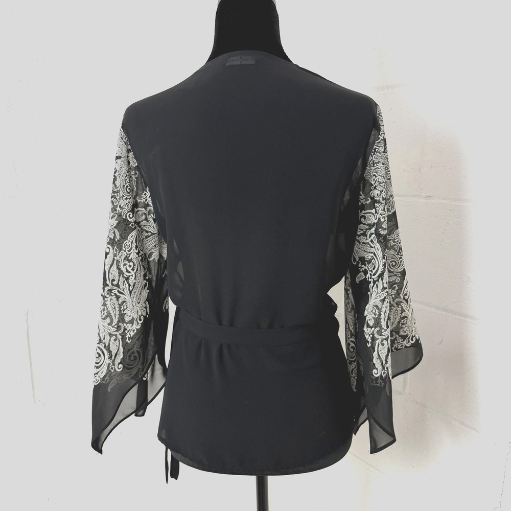 NY & Co Chiffon Wrap Top Black Sheer Asymmetric Sleeves Whimsigoth Dark Fairy S - Picture 8 of 14
